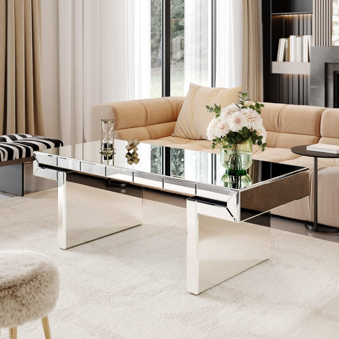 Crystal Coffie Table with Fluted Tempered Glass Light Luxury Style
