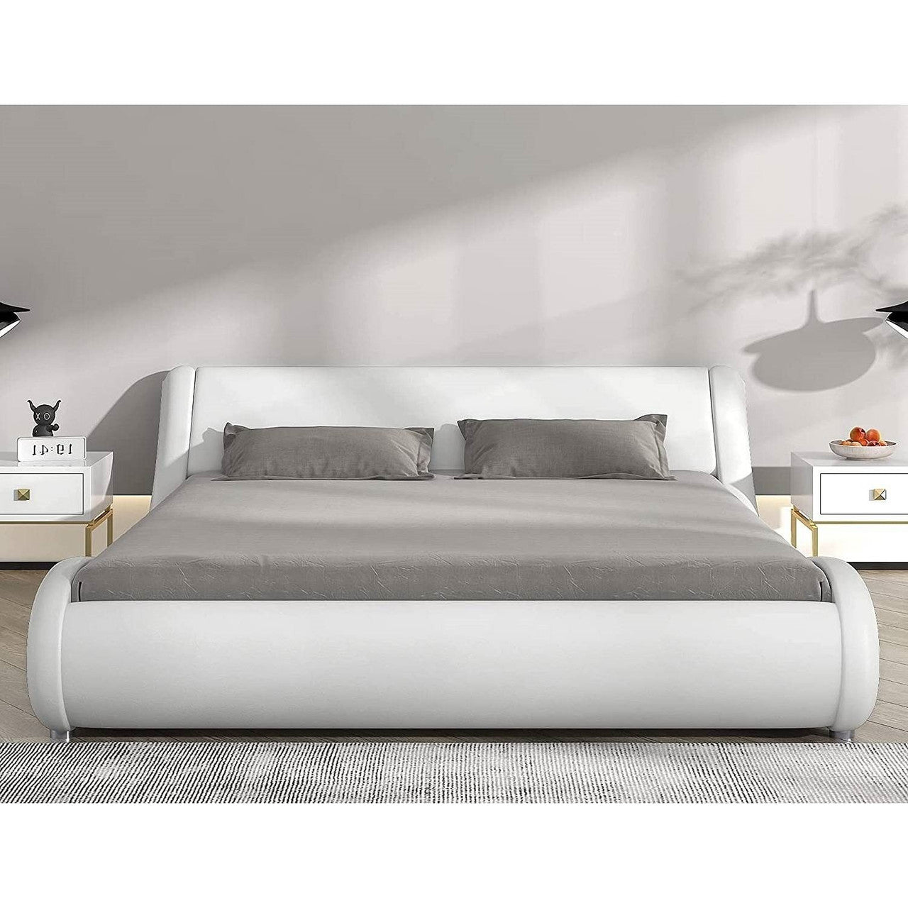 Luxury Queen Modern White Faux Leather Upholstered Platform Bed Frame with Headboard