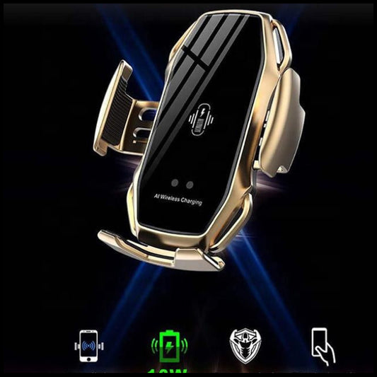 Automated smartphone induction charging bracket with text on a dark background