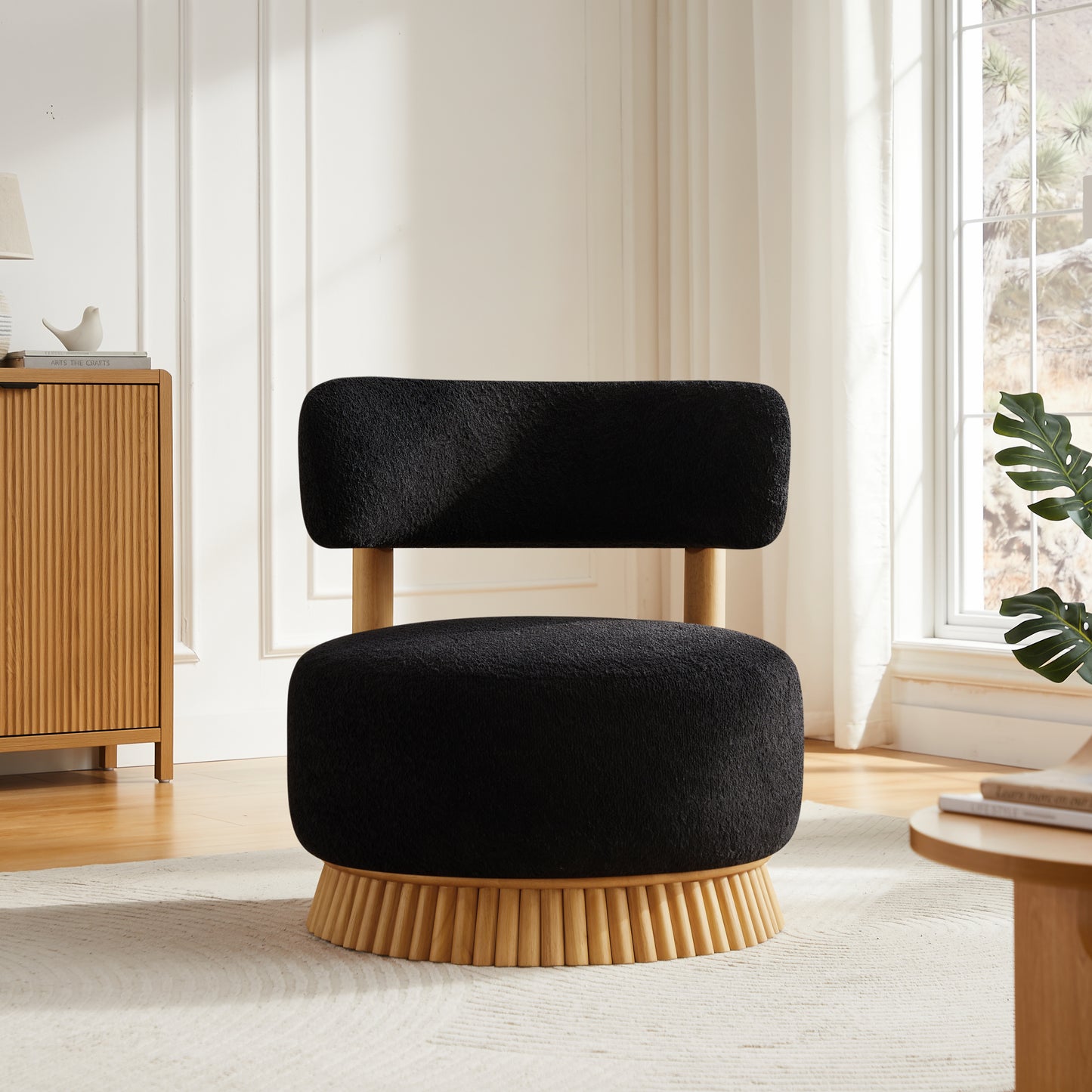 Modern Boucle Armless Chair, Wooden Base Cozy
