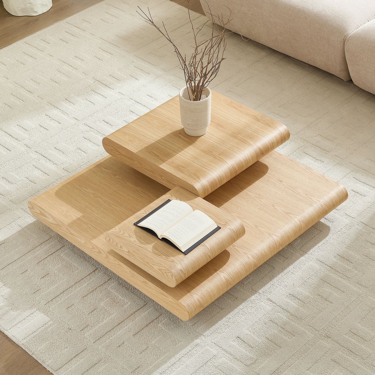 3-Piece Modular Stacking Coffee Table  Natural Wood Look, Mordern MDF Table Front Of The Sofa, 39.37 Inch Square Center Coffee Table For Living Room,No Assembly,Natural Color