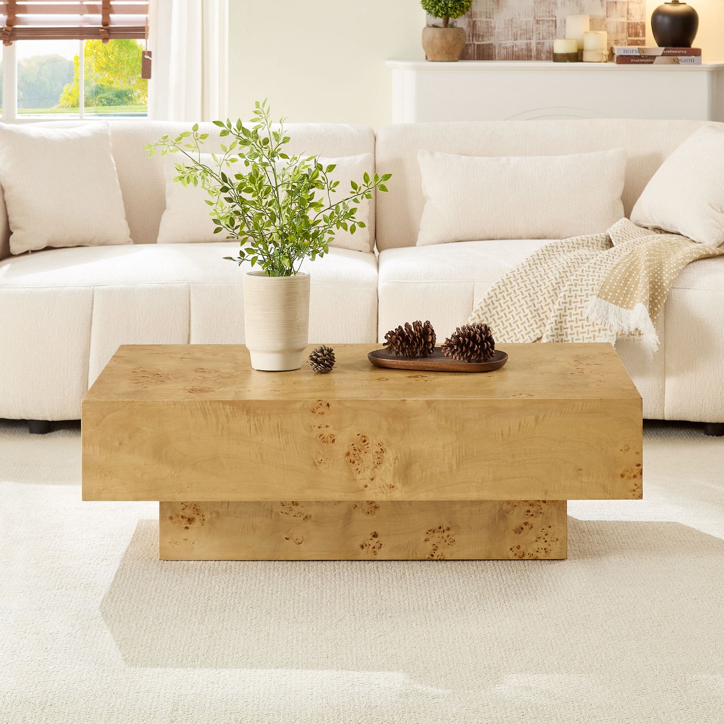 43.31 Inch Burl Wood Veneer Coffee Table,Rectangle Mid-Century Modern Table For Living Room,Coffee Table With Sturdy MDF Pedestal For Office,Apartment,Natural
