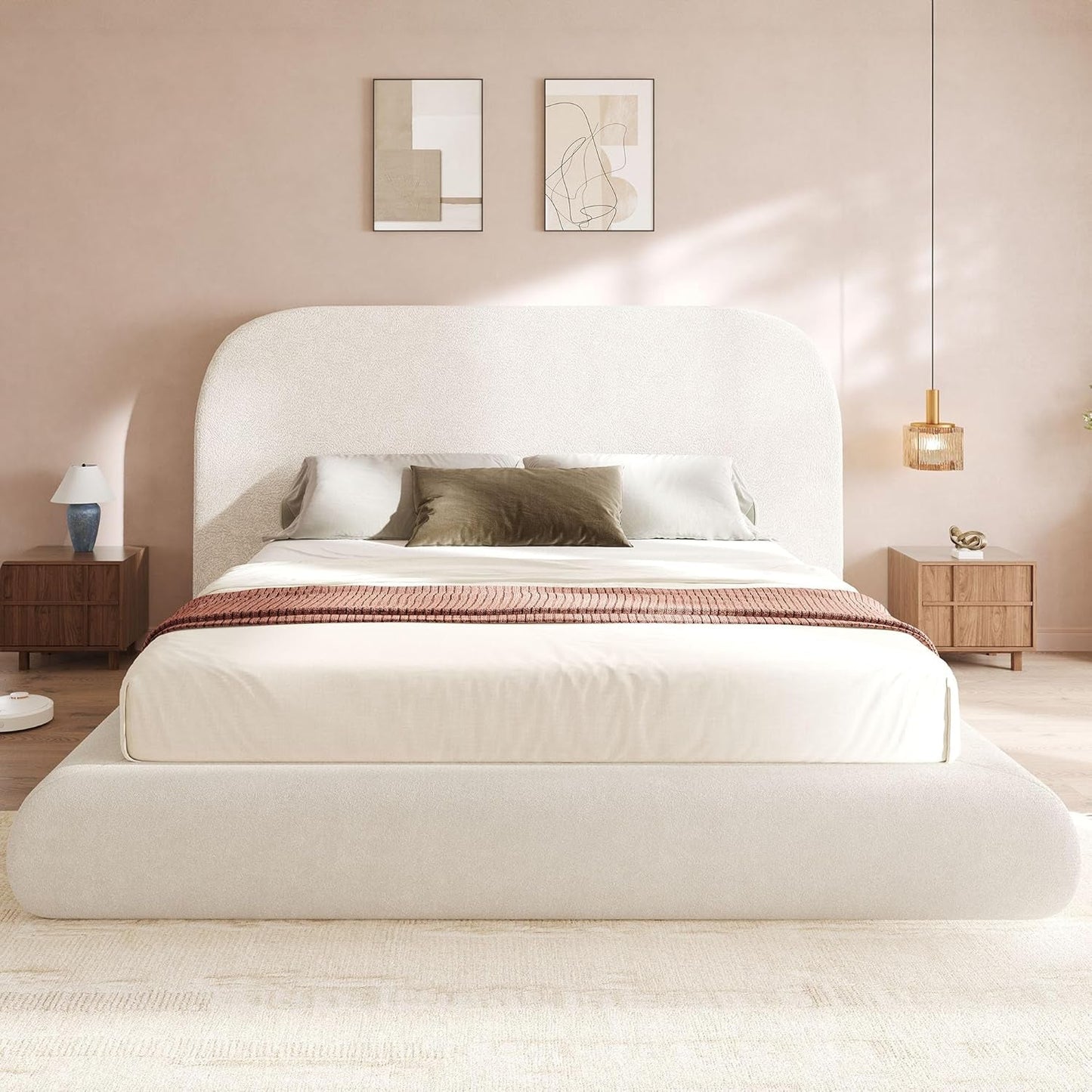 Luxurious King Velvet Upholstered Platform Bed Beige