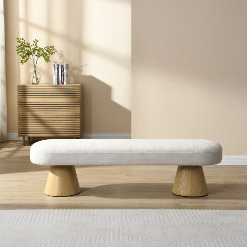 Bench, Boucle Ottoman, 64L Beige Stool Top Wood Leg 300 LBS Weight Capacity