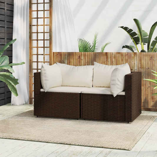 Patio Sofas with Cushions 2 pcs Brown Poly Rattan