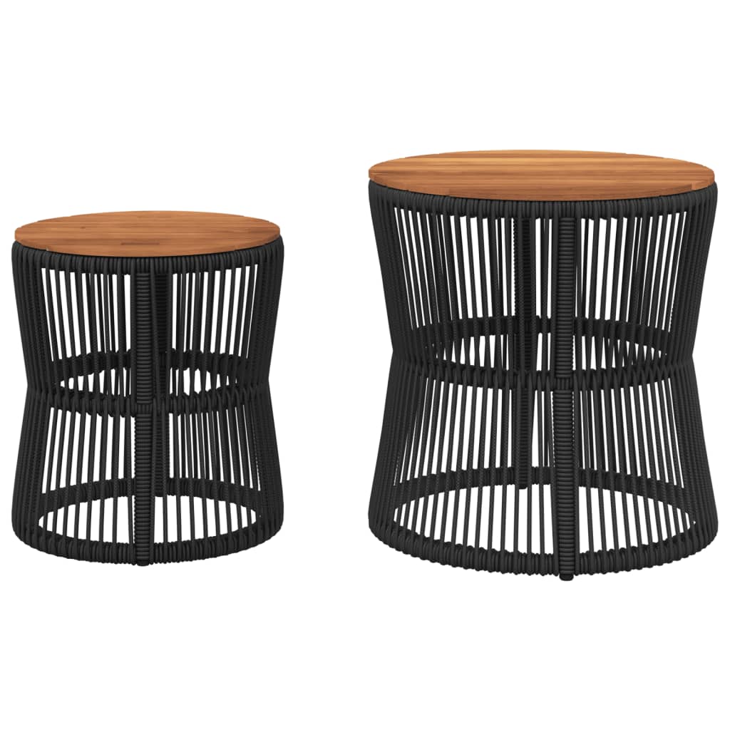 Patio Side Tables 2 pcs with Wooden Top Black Poly Rattan