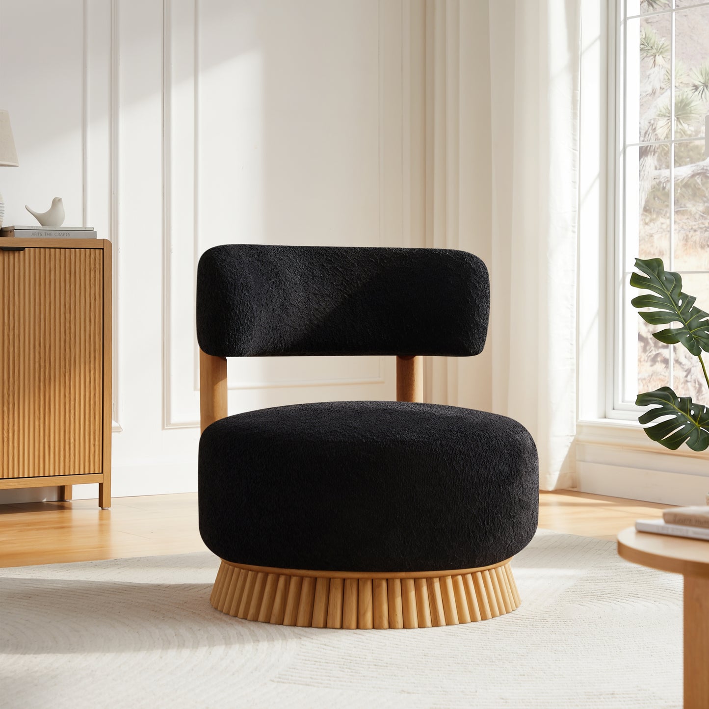 Modern Boucle Armless Chair, Wooden Base Cozy