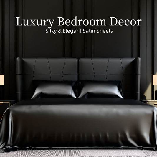 Satin Bed Sheets, Queen Size Sheets Sets Only, 4 Pcs Silky Bedding Set With 15 Inches Deep Pocket For Mattress Queen, Black