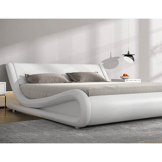 Luxury Queen Modern White Faux Leather Upholstered Platform Bed Frame with Headboard