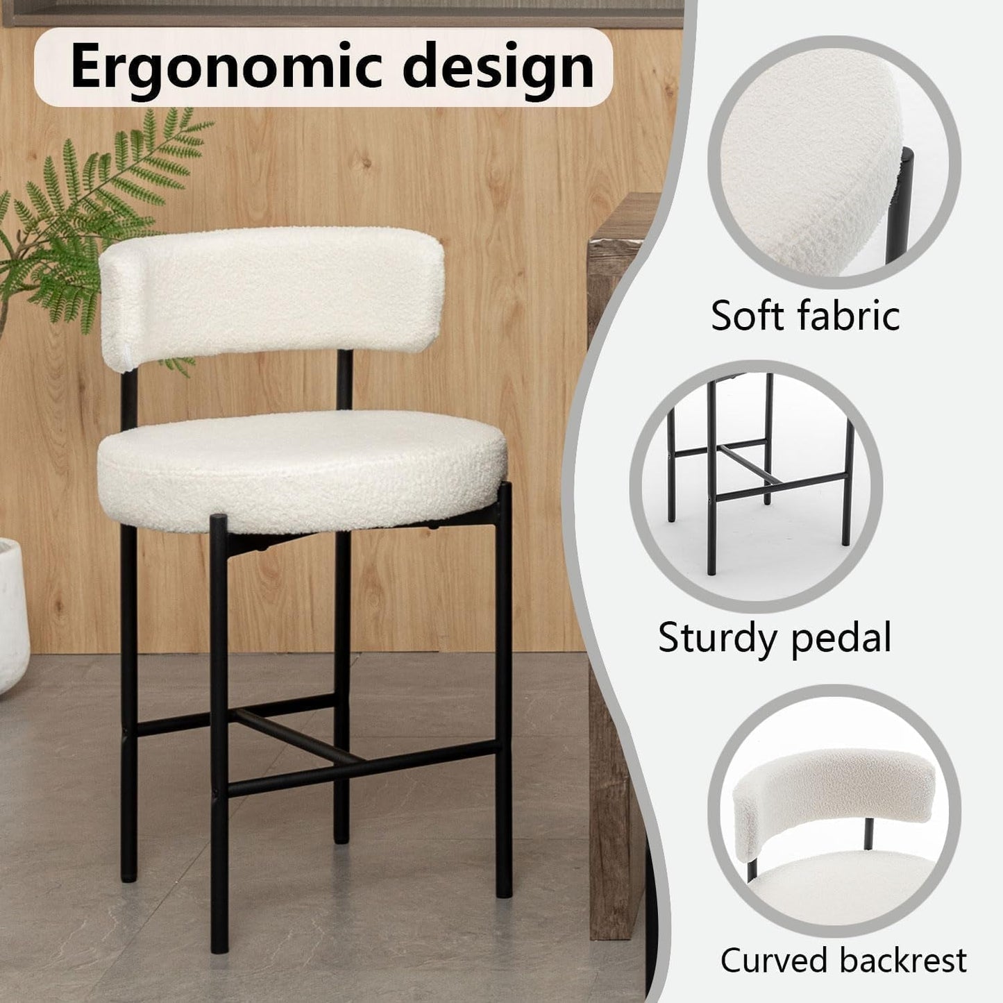 Boucle Bar Stools Set Of 3 24 Inch White Upholstered Counter Stools With Backs