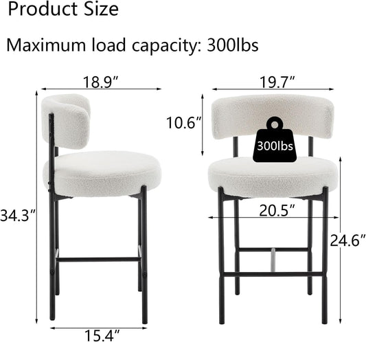 Boucle Bar Stools Set Of 3 24 Inch White Upholstered Counter Stools With Backs