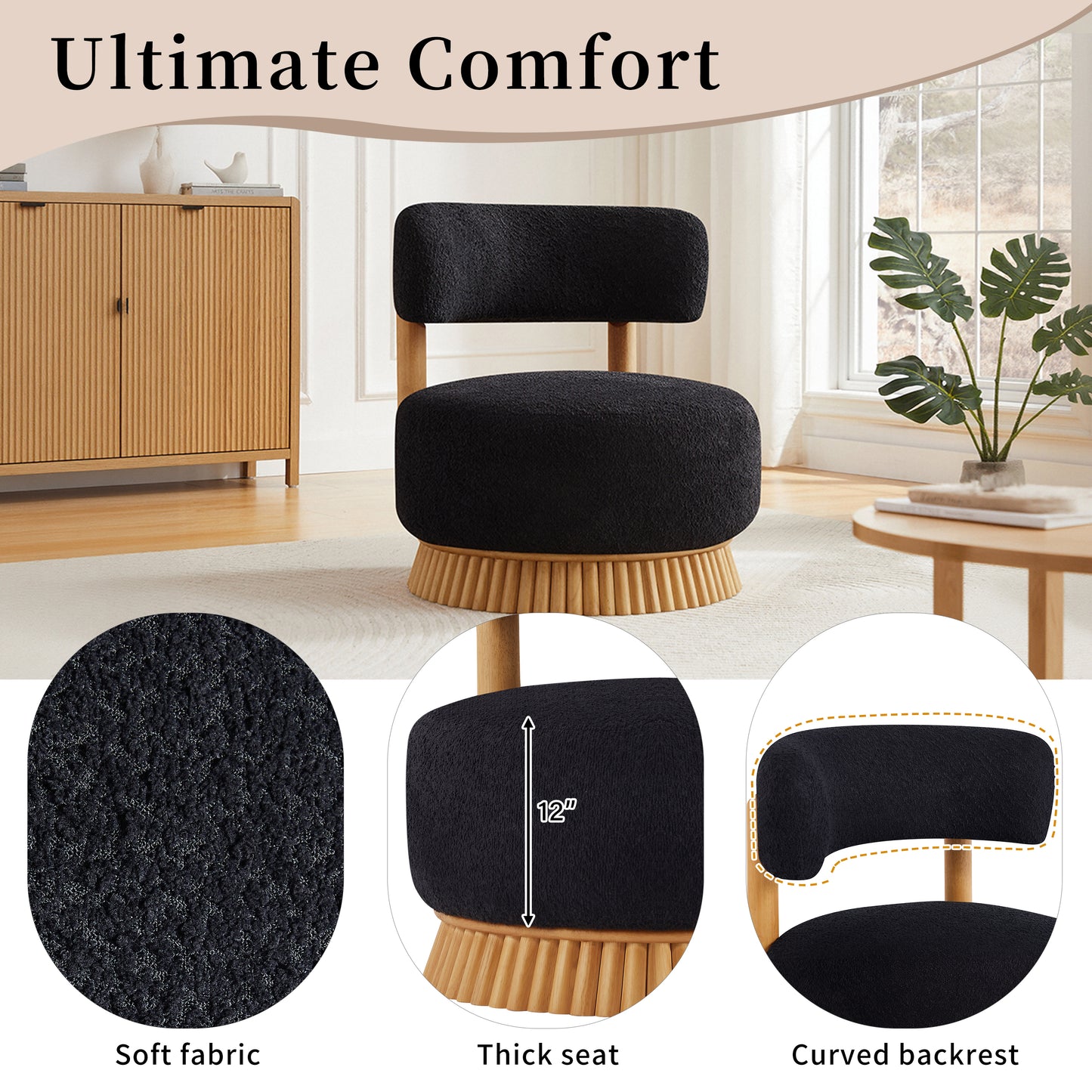 Modern Boucle Armless Chair, Wooden Base Cozy