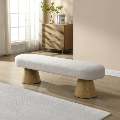 Bench, Boucle Ottoman, 64L Beige Stool Top Wood Leg 300 LBS Weight Capacity