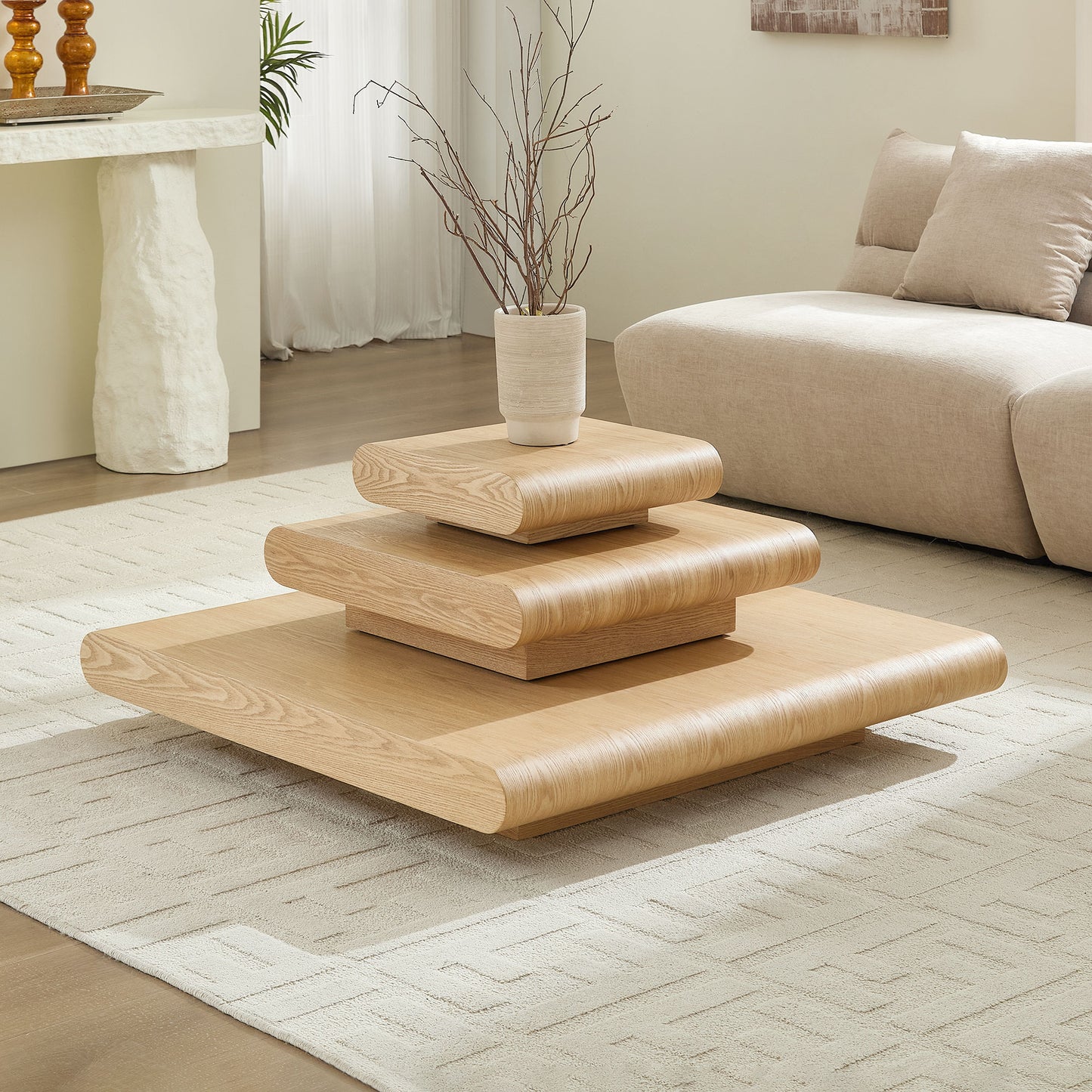 3-Piece Modular Stacking Coffee Table  Natural Wood Look, Mordern MDF Table Front Of The Sofa, 39.37 Inch Square Center Coffee Table For Living Room,No Assembly,Natural Color